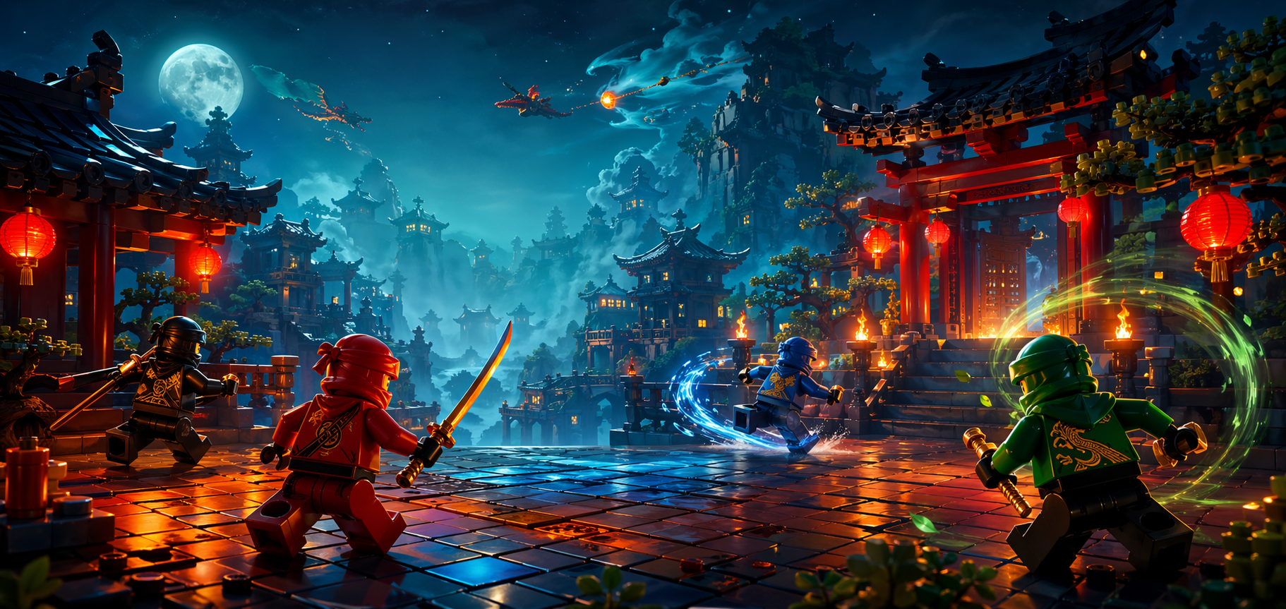 Fénylő dojo-udvar ninja akcióhangulattal